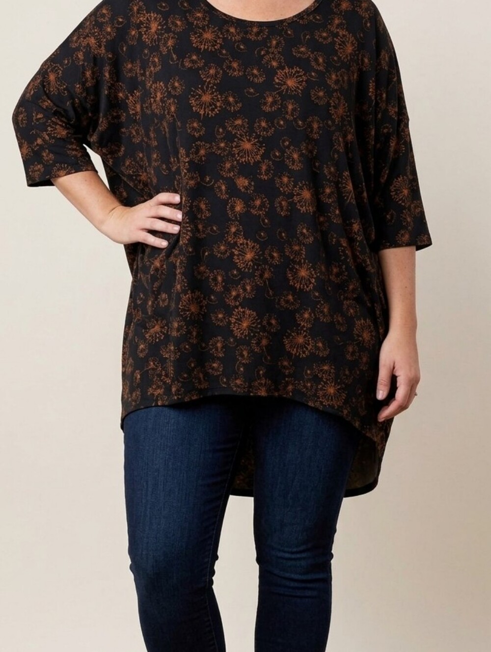 LuLaRoe Irma Tunic | Black & Copper Dandelion Print | High-Low | Size Large